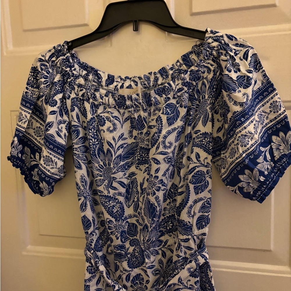 LOFT Blue and White Floral Midi Dress - Picture 2 of 5